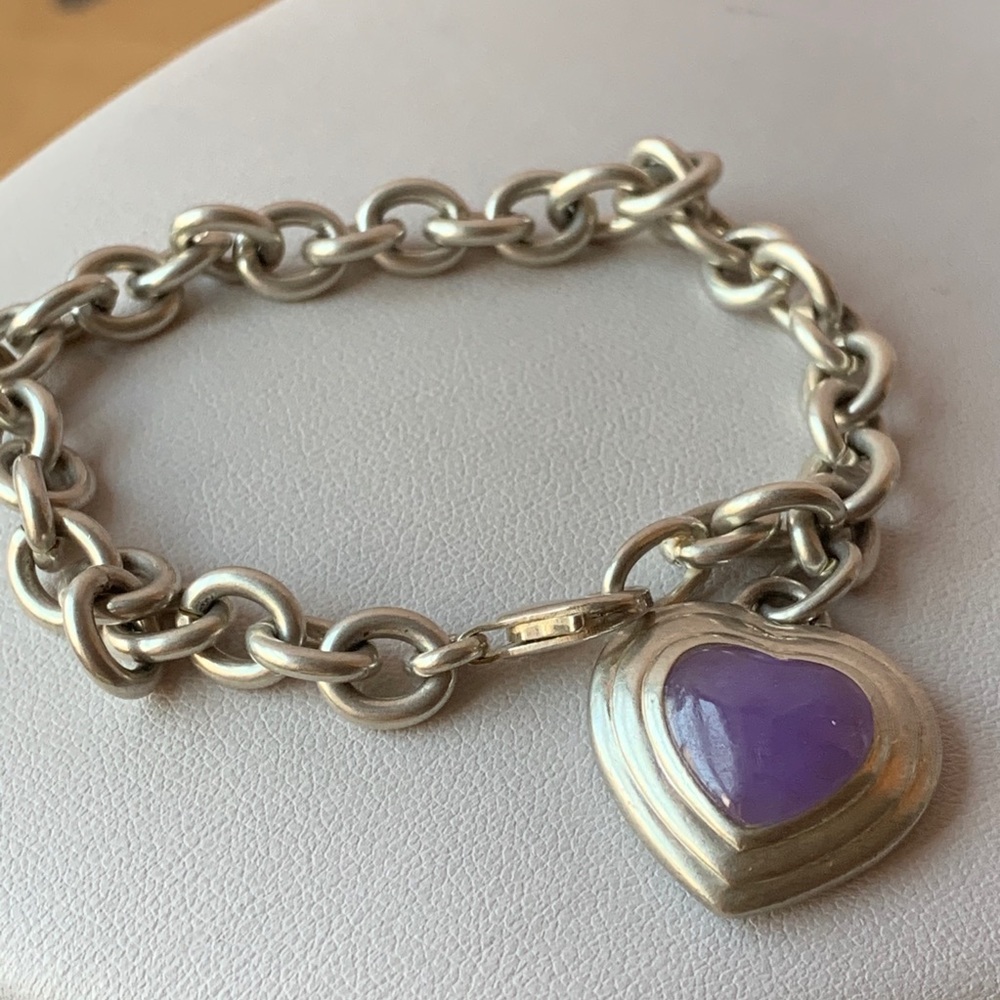 VINTAGE LILAC PURPLE JADE HEART CHARM BRACELET